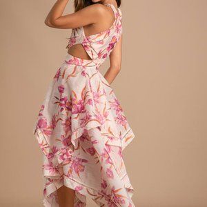 Peach Floral Print Cutout Handkerchief Dress